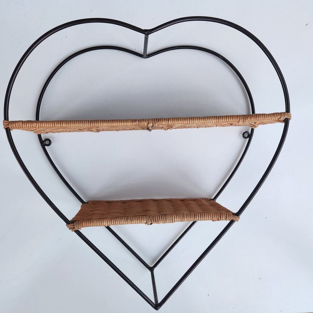 Vintage Heart Shaped Wall Shelf Wicker & Metal Boho Mid Century Hanging Display